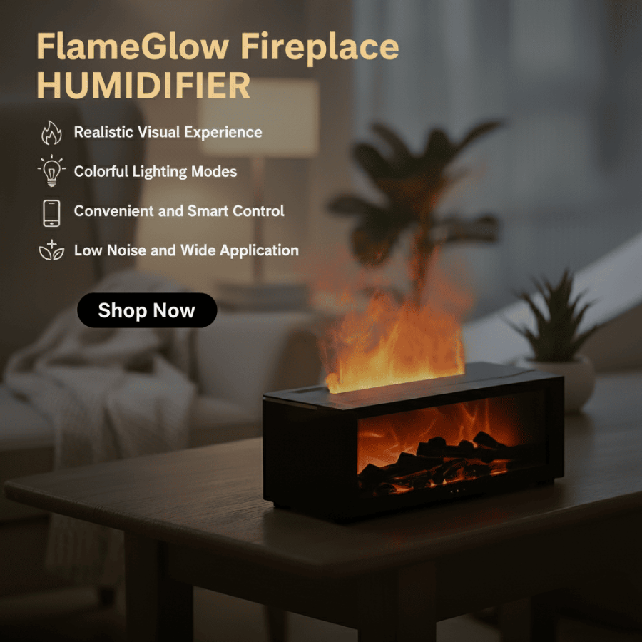 FlameGlow Fireplace Humidifier with realistic visual experience on a blurred background