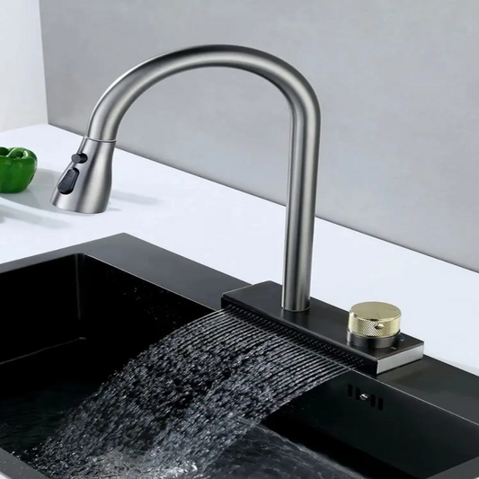 Modern kitchen faucet with water flowing into a black sink.