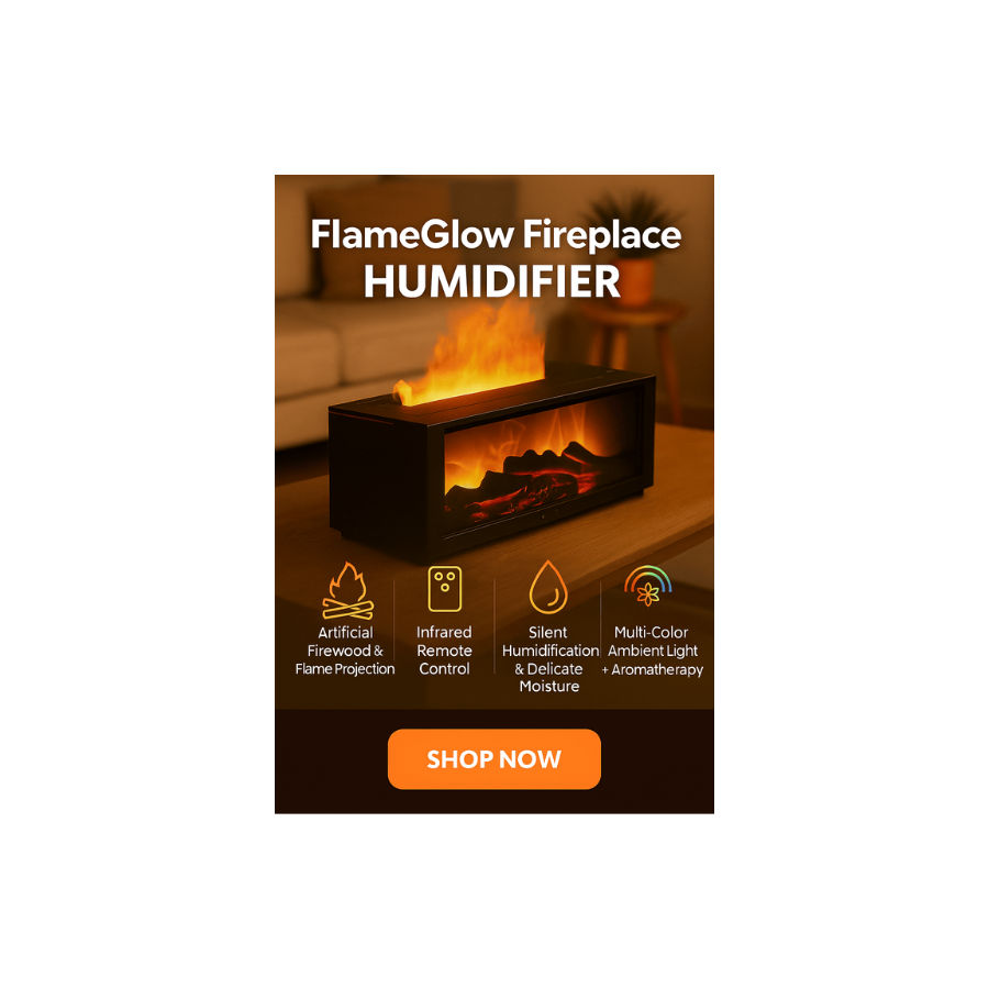 FlameGlow Fireplace Humidifier with flames on a white background